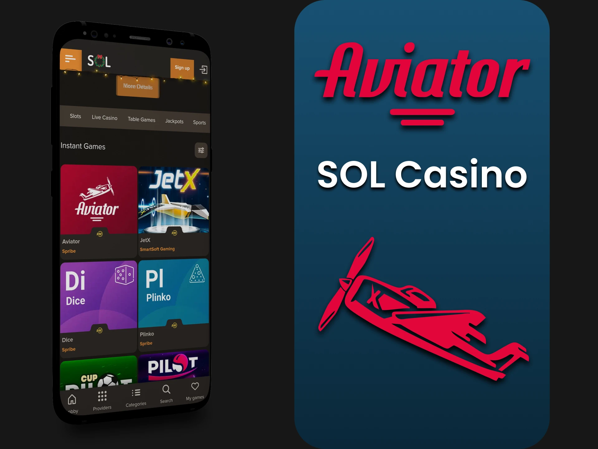 To play Aviator, choose the SOL app.