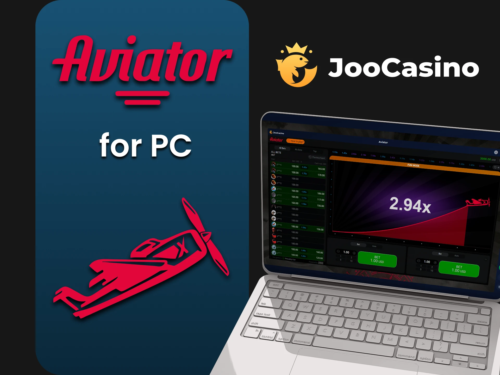 Use the PC version of the site to play Aviator at Joo Casino.
