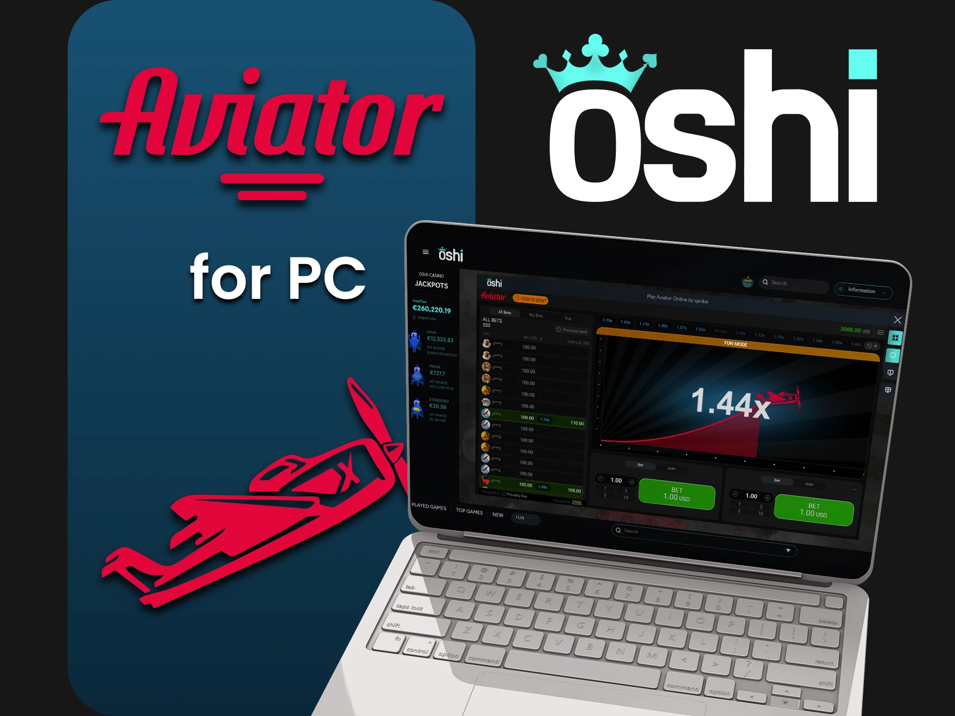 You can play Aviator via PC on the Oshi Casino website.