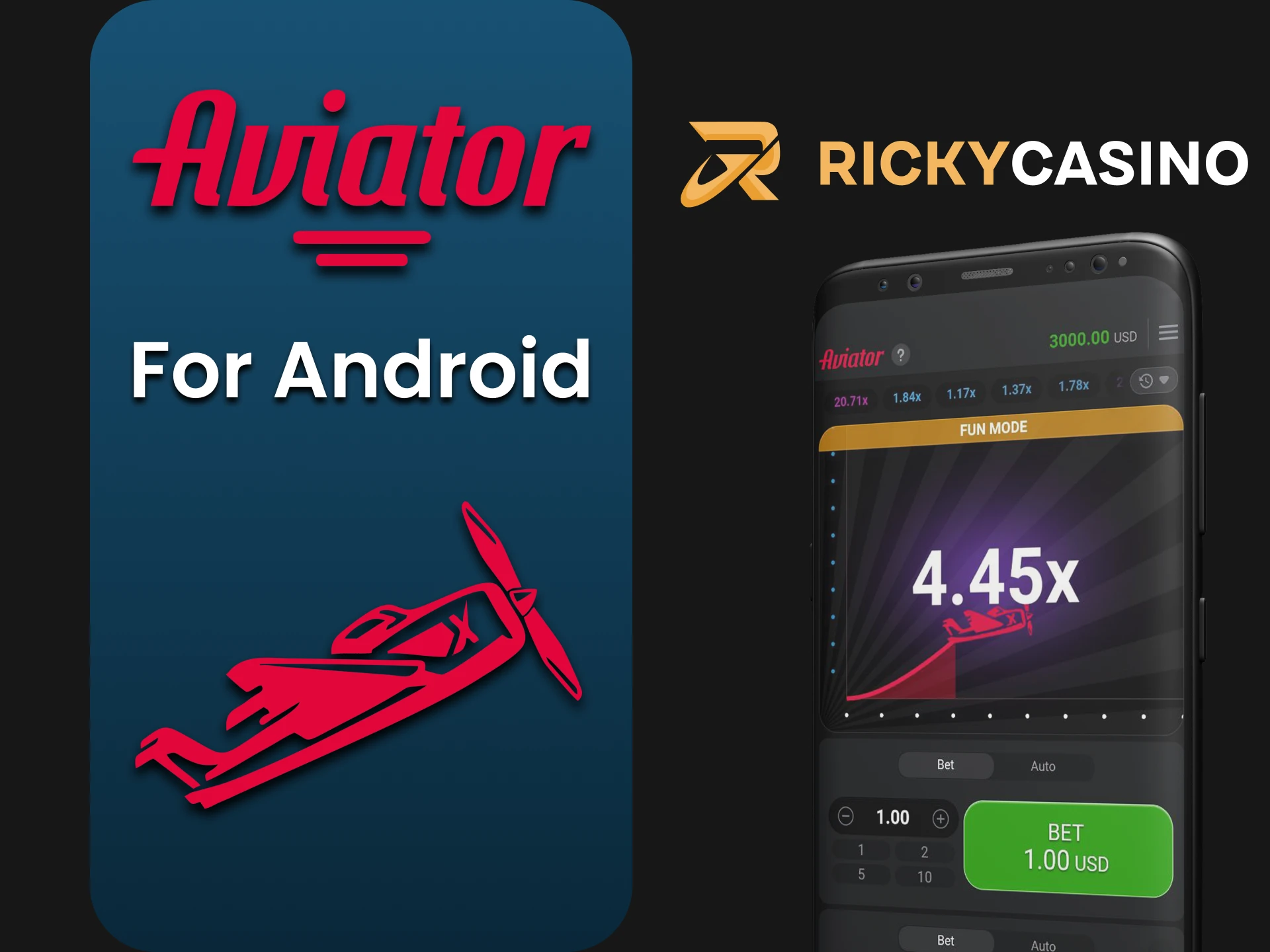 Play Aviator in the Ricky Casino app on Android devices.