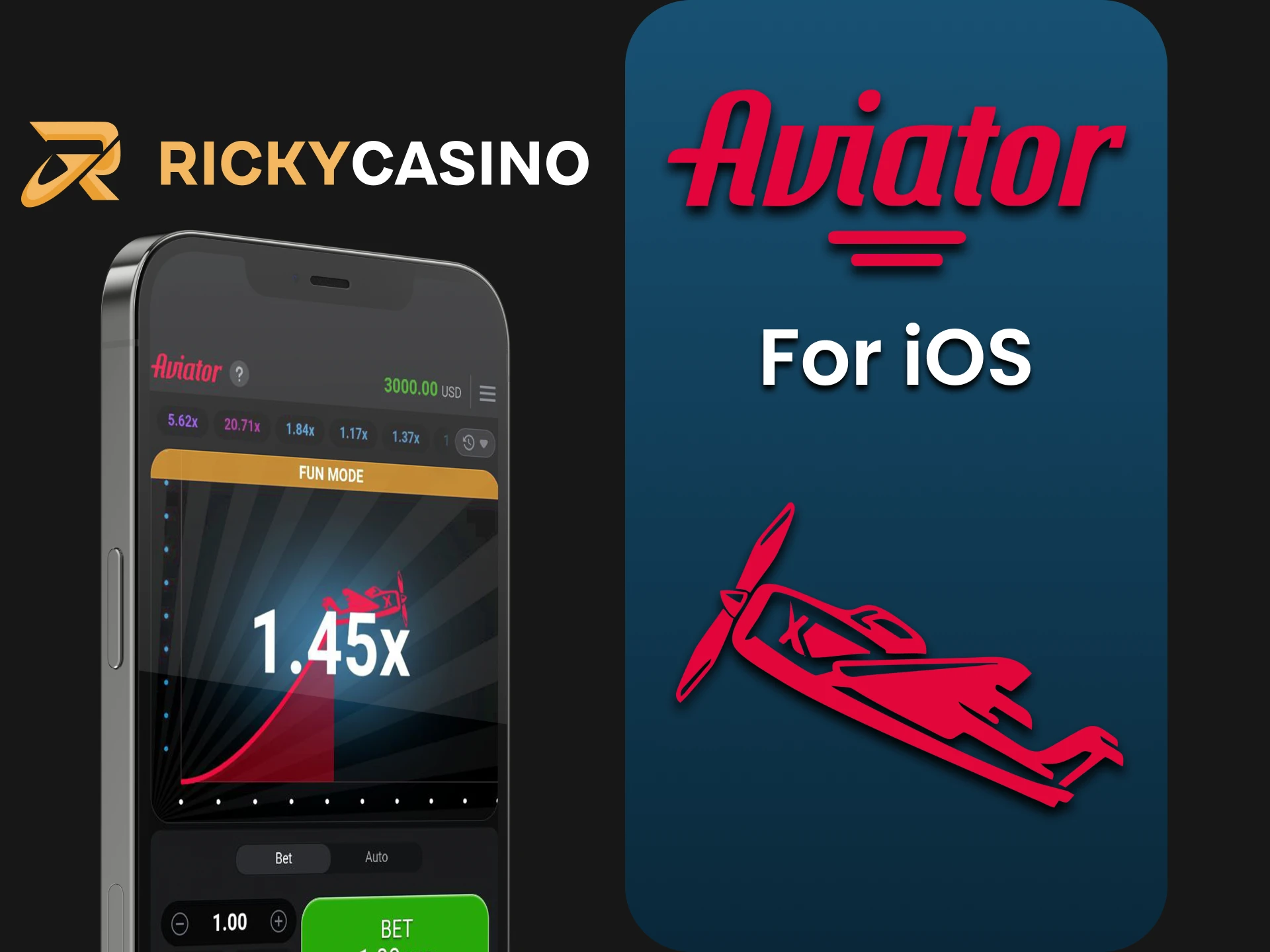 Play Aviator in the Ricky Casino app on iOS devices.