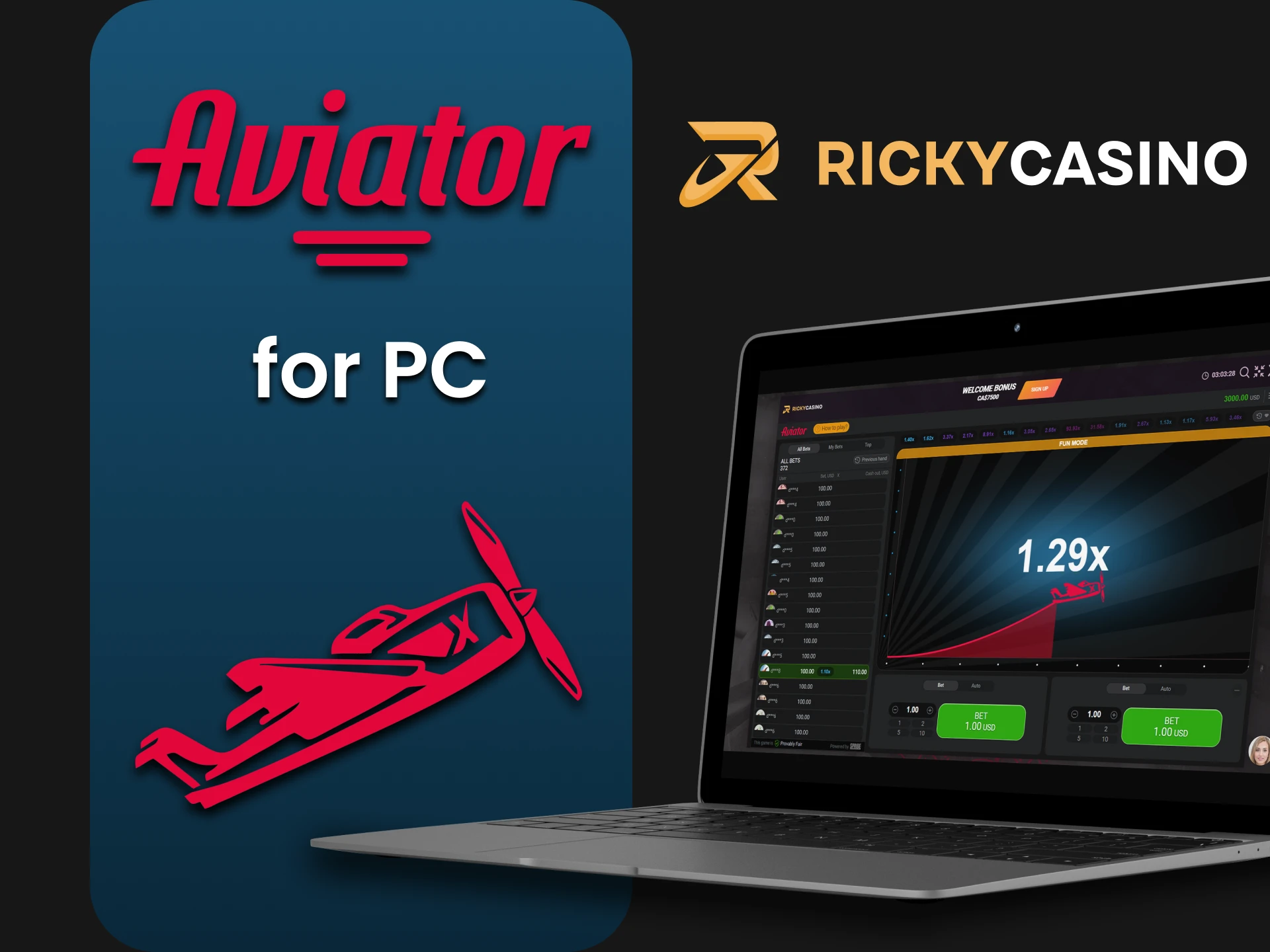 Use the PC version of the site to play Aviator at Ricky Casino.