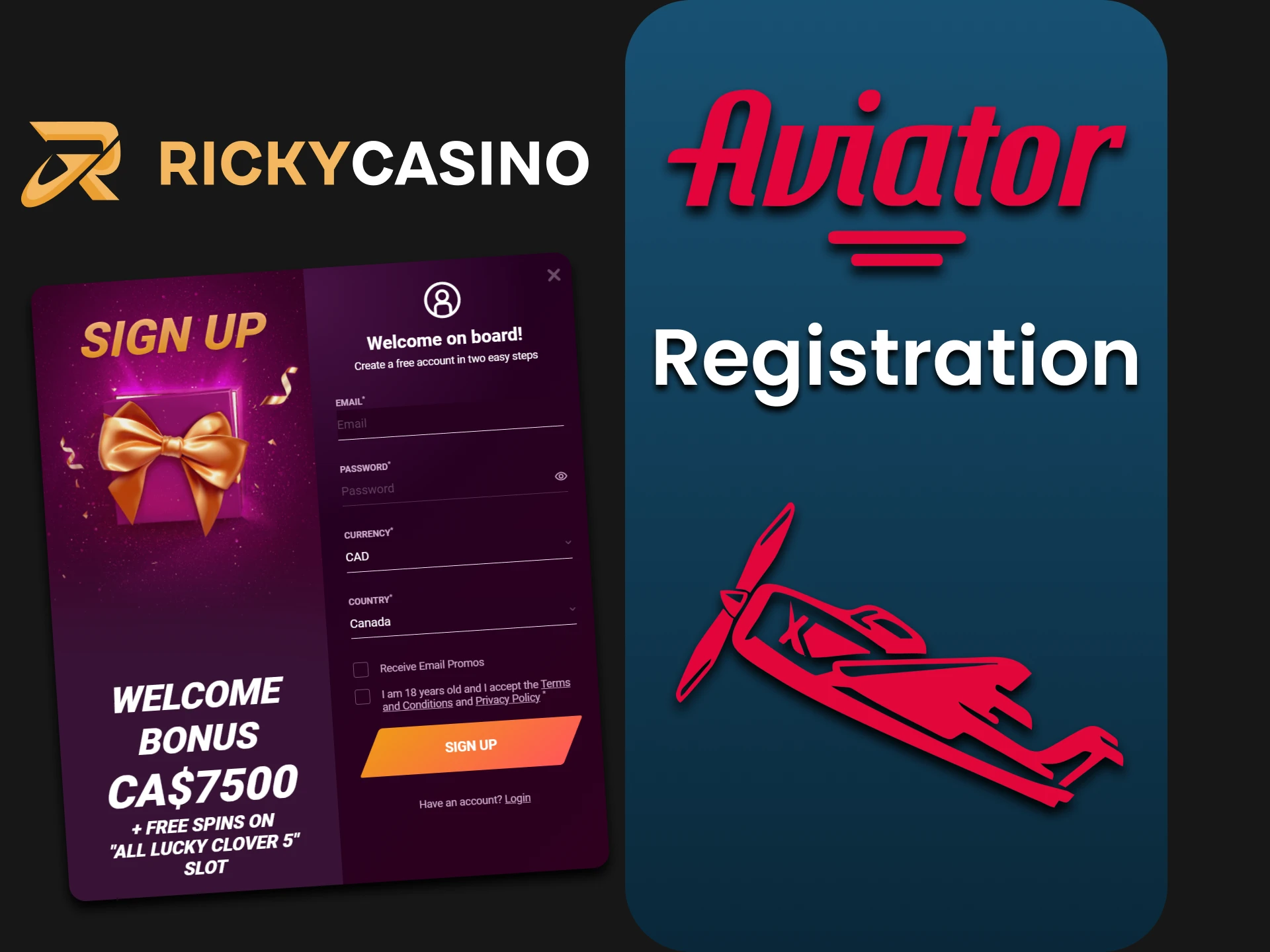 Register at Ricky Casino to play Aviator.