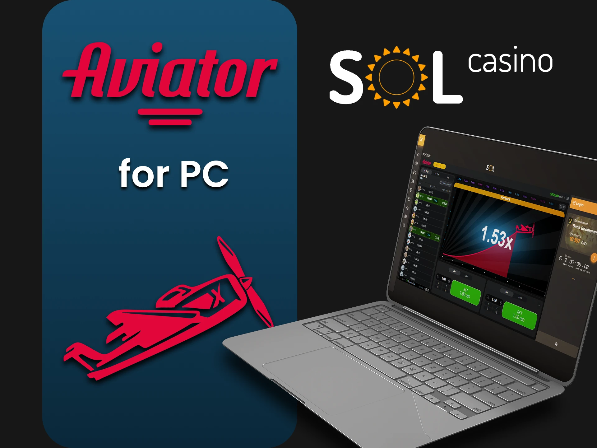 You can play Aviator via PC on the Sol Casino website.