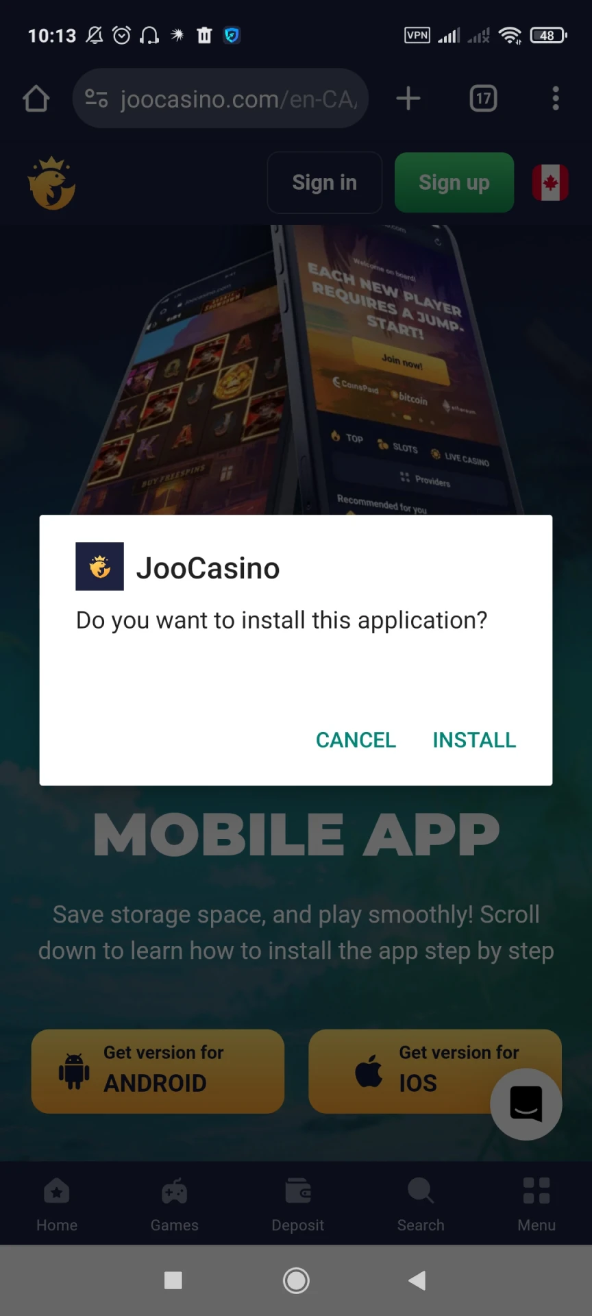 Install the Joo Casino app for Android.