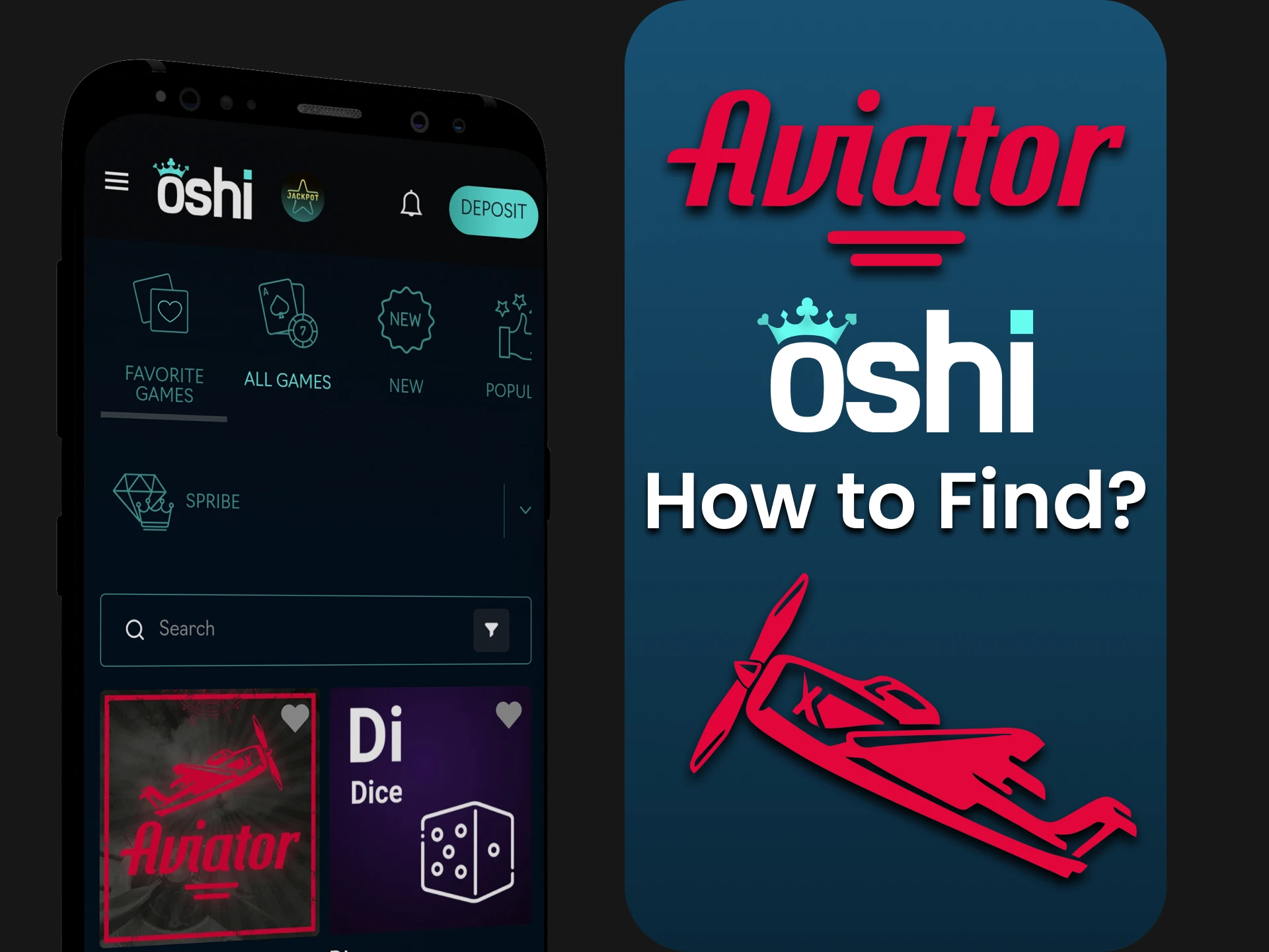 Find Aviator in the casino section of the Oshi Casino app.