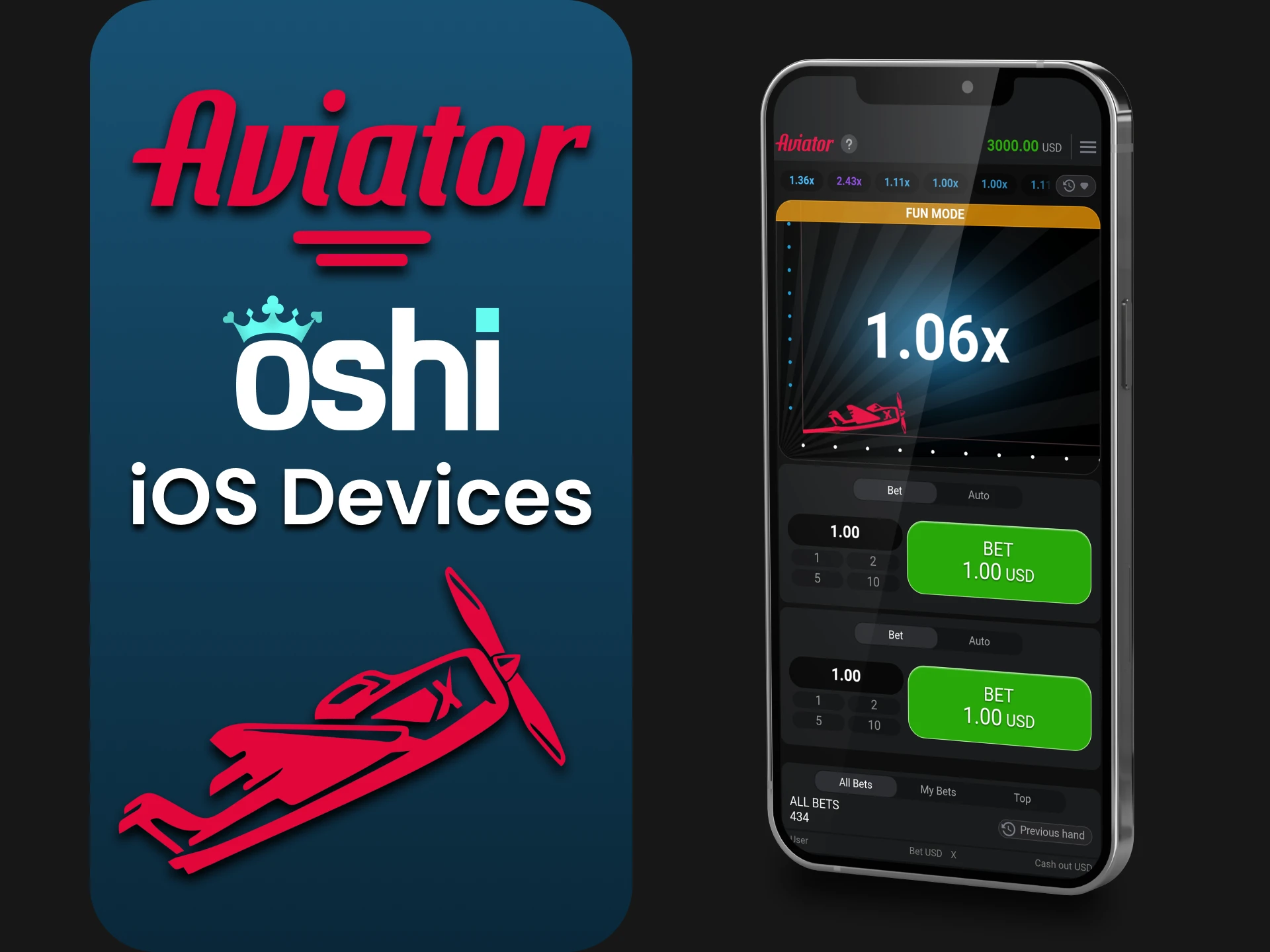 Download the Oshi Casino app to play Aviator on iOS.