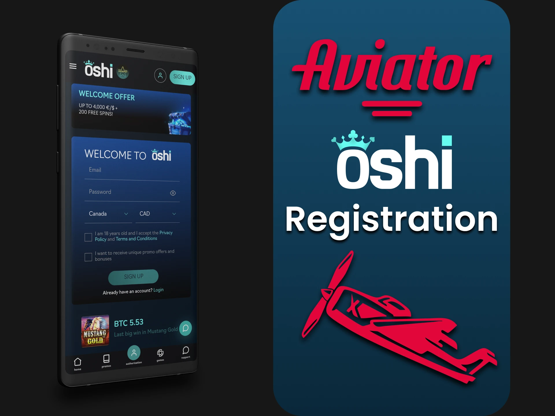 Sign up for the Oshi Casino app to play Aviator.