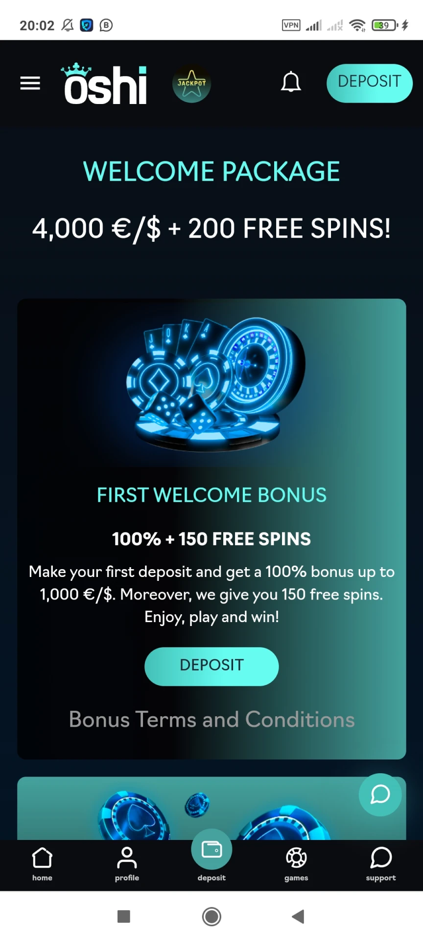 Visit the Oshi Casino app bonuses page.