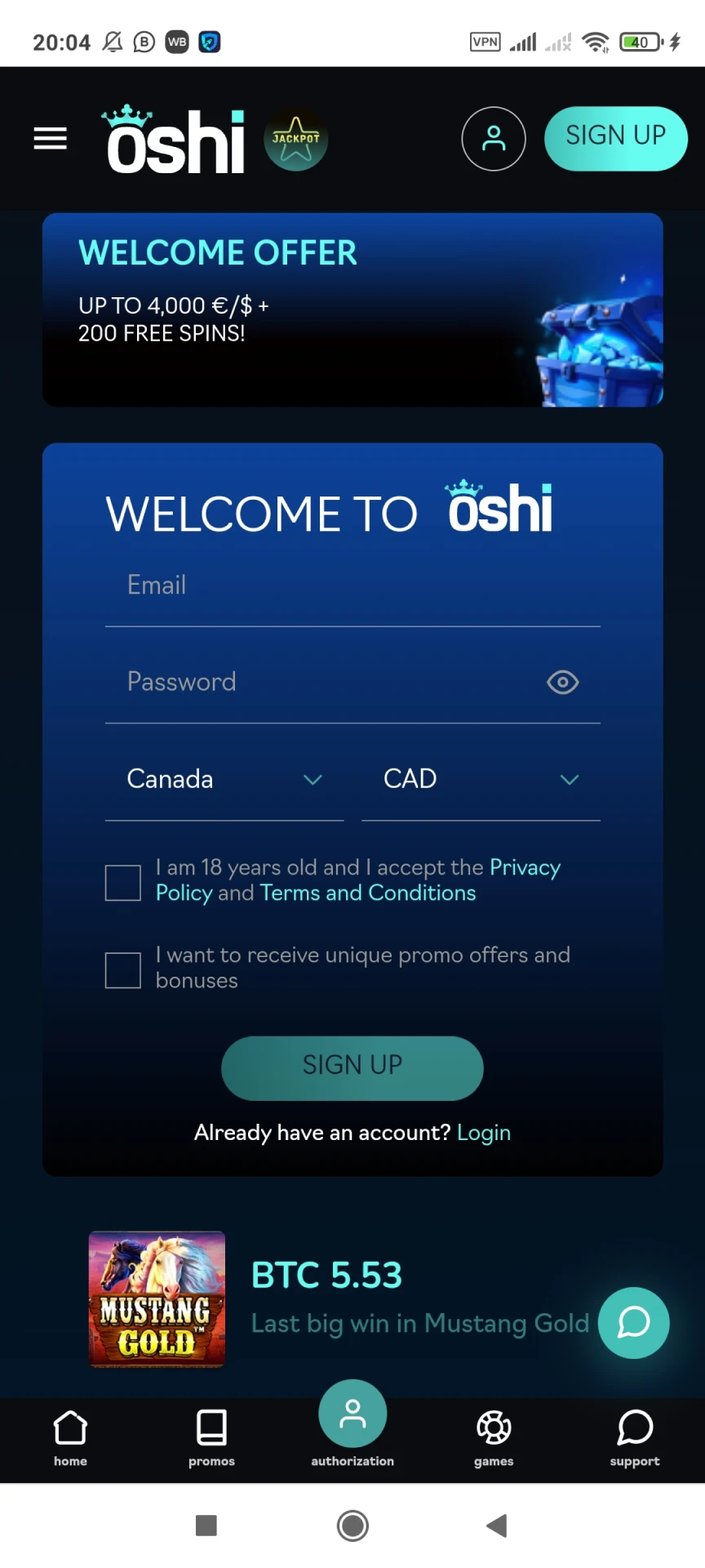 Visit the Oshi Casino app registration page.