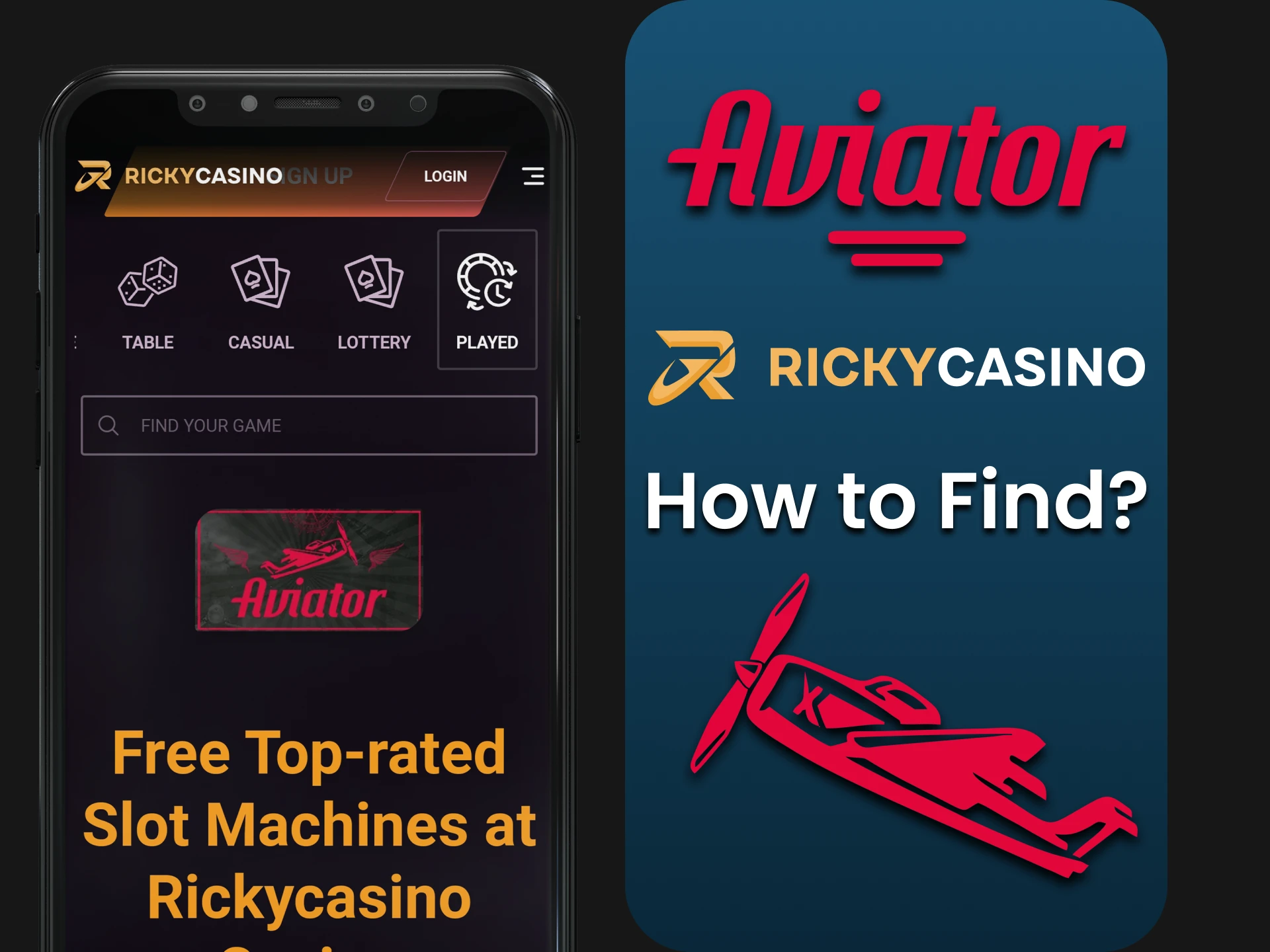 In the game sections of the Ricky Casino application you will find Aviator.