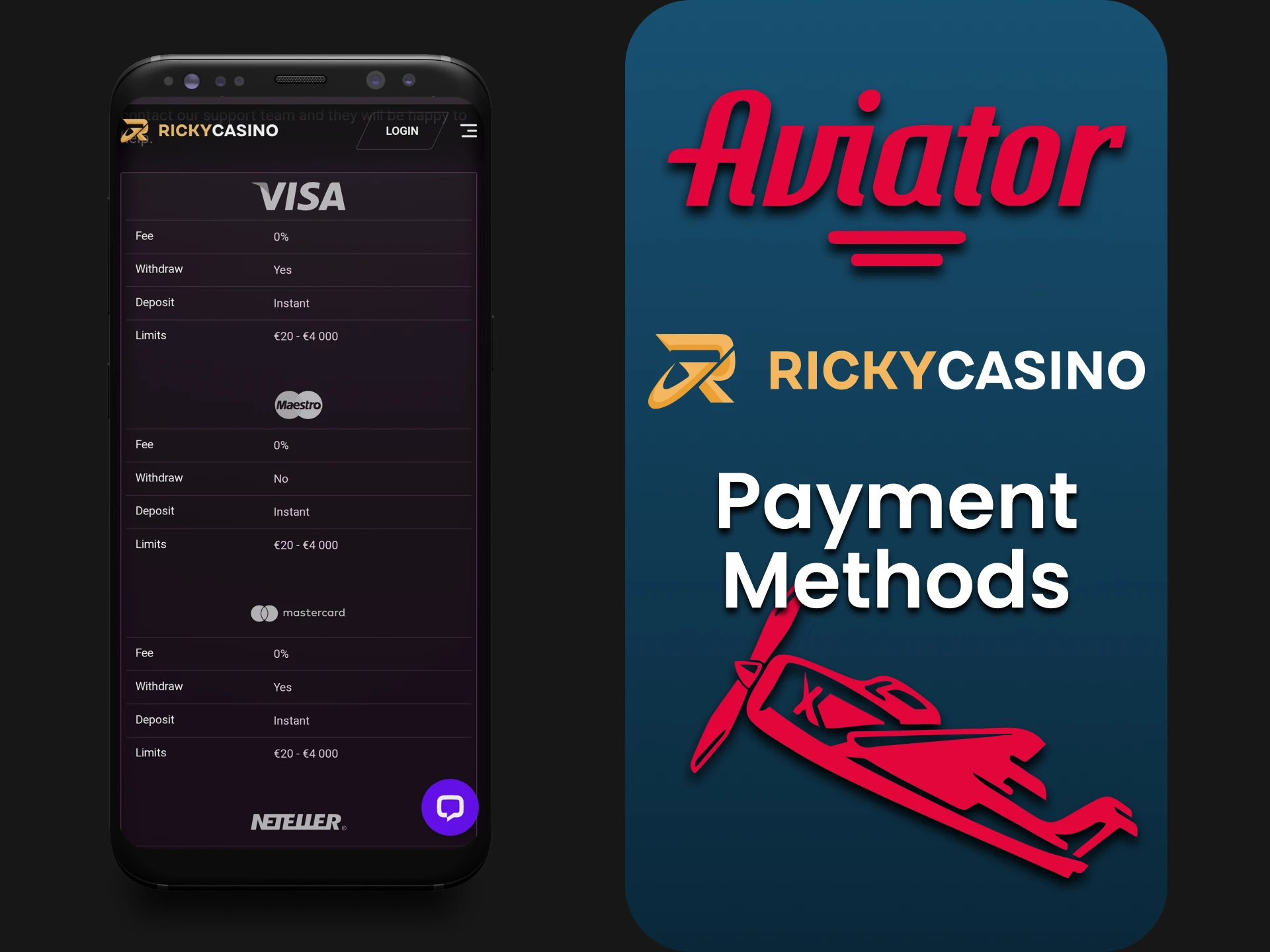 Choose a payment method for Aviator in the Ricky Casino app.