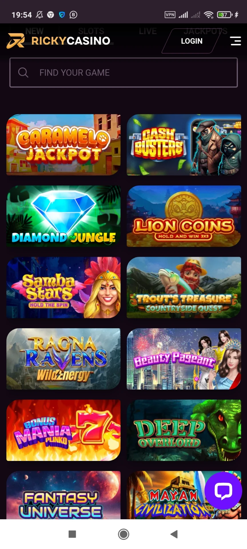Visit the games page of the Ricky Casino app.