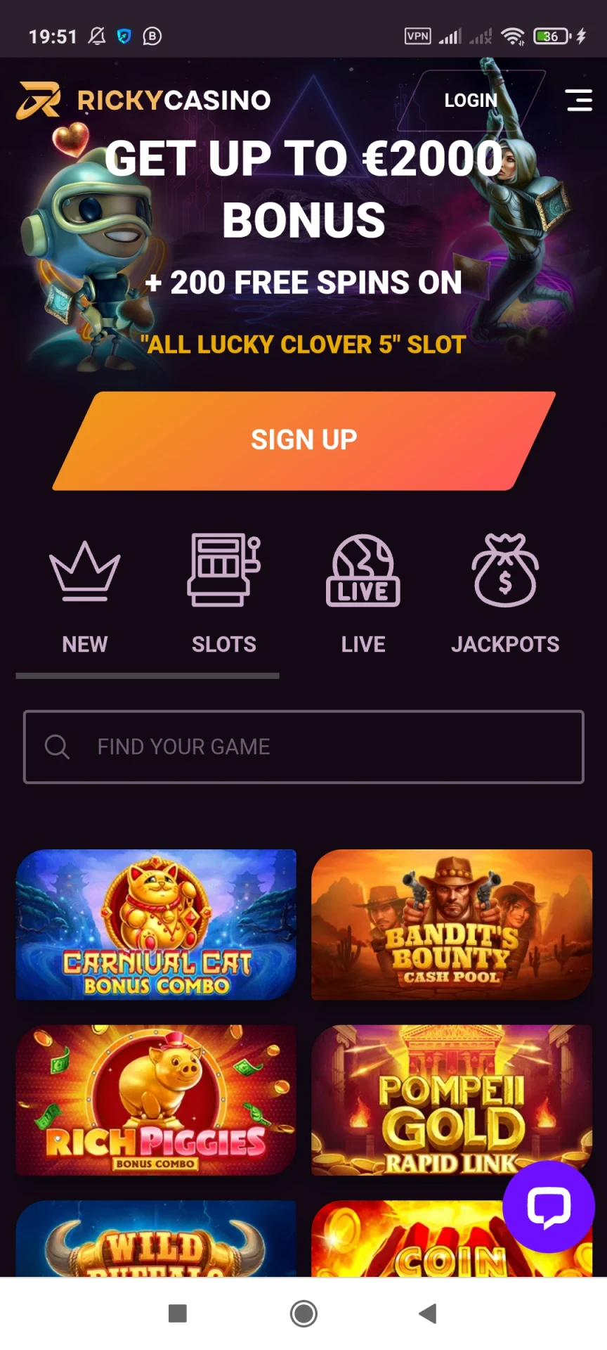 Visit the home page of the Ricky Casino app.