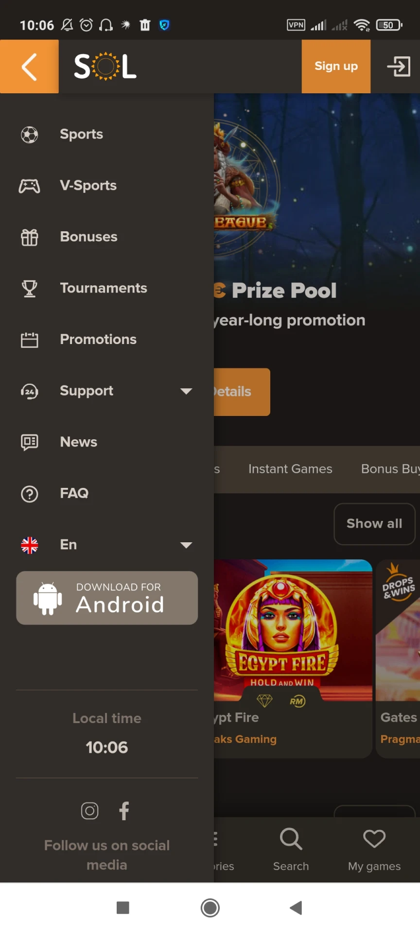 Download the Sol Casino app for Android.