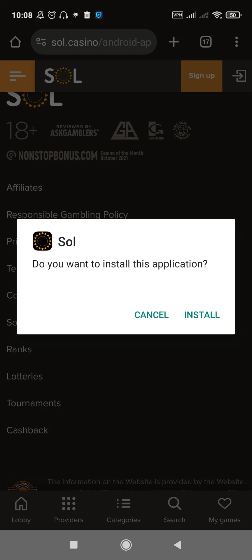 Install the Sol Casino app for Android.
