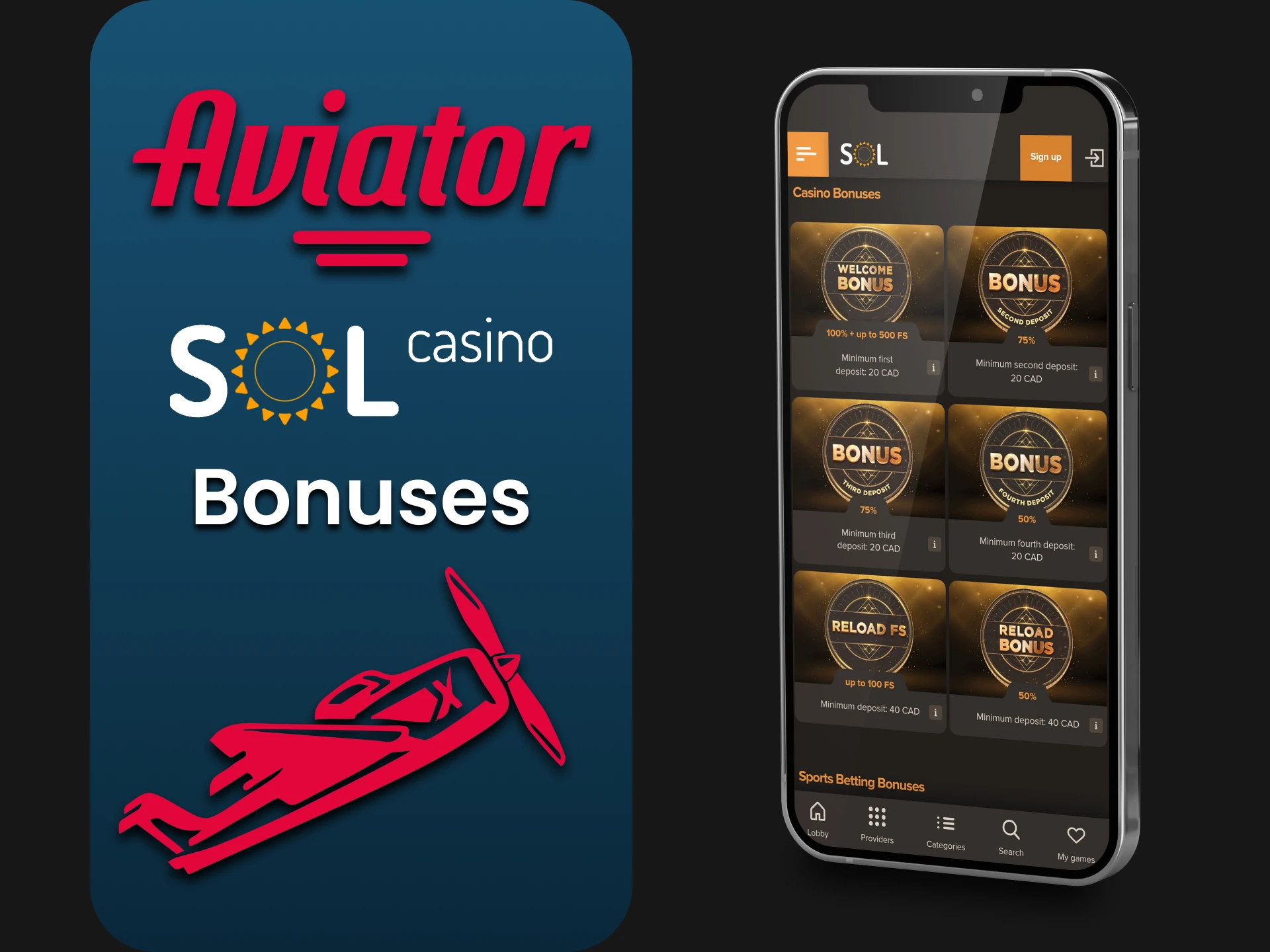 The Sol Casino application gives bonuses for the Aviator game.