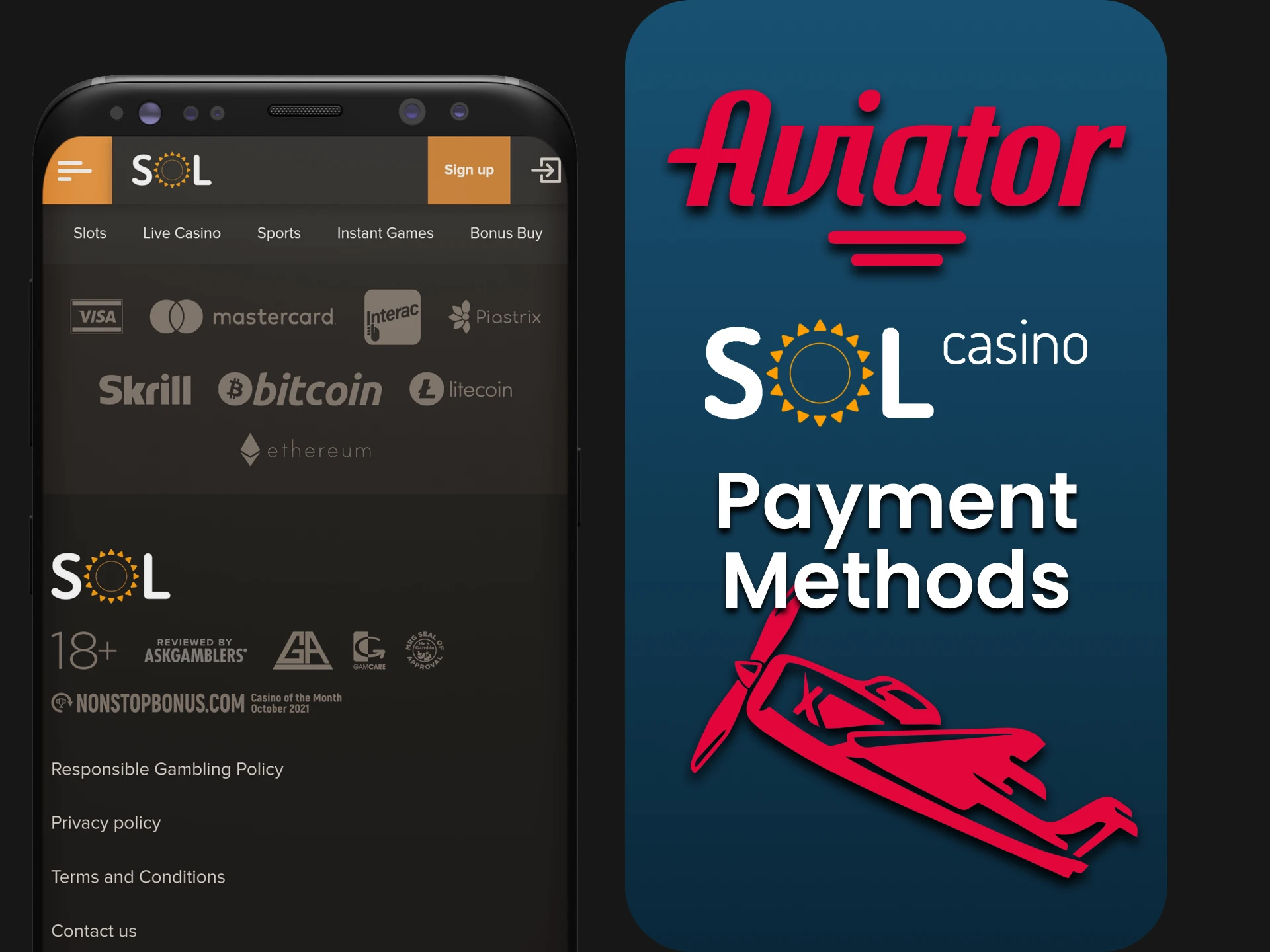 Choose your transaction method in the Sol Casino application for Aviator.