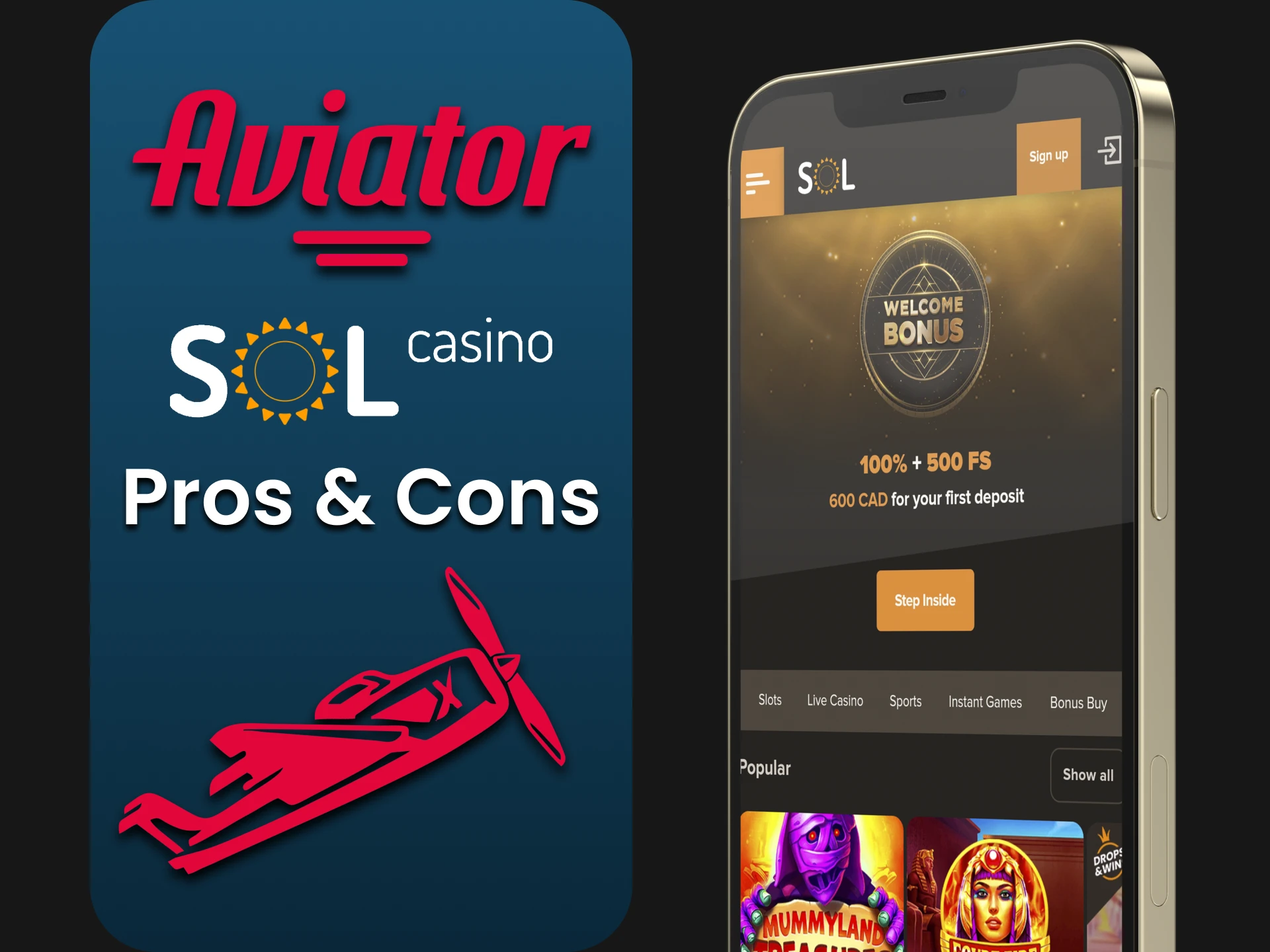 We will tell you about the pros and cons of Sol Casino for the Aviator game.