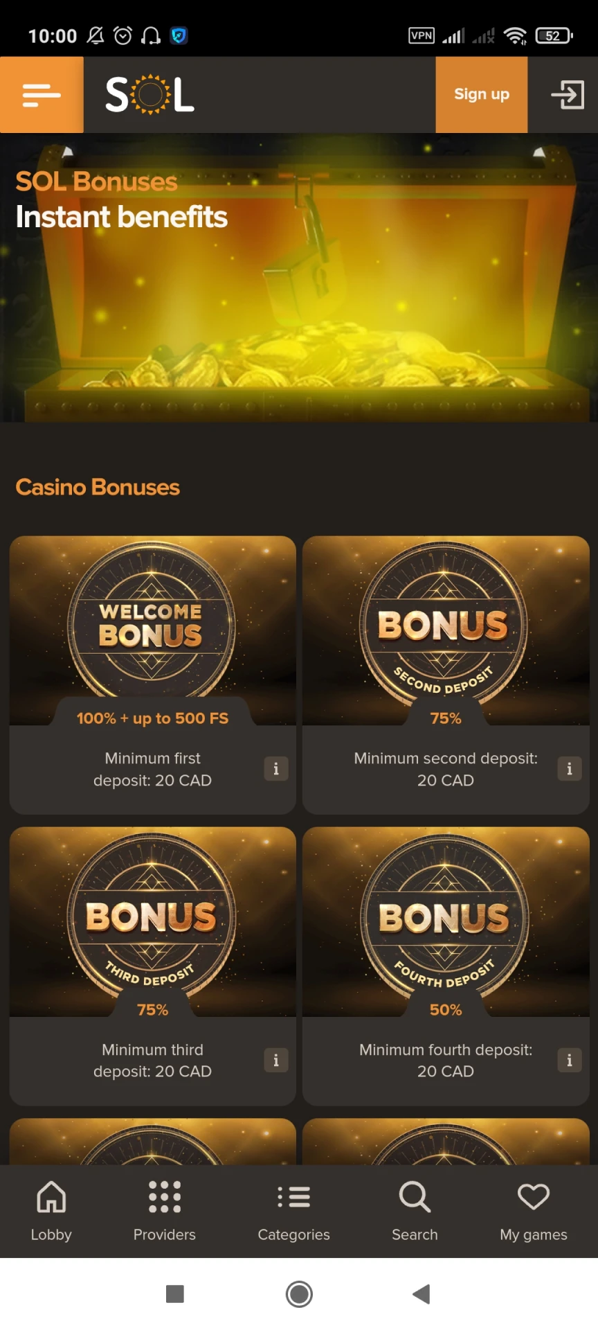Visit the Bonuses page of the Sol Casino app.