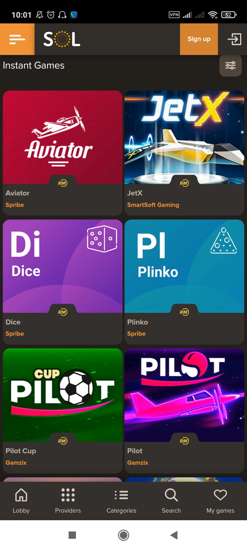 Visit the Sol Casino app games page.
