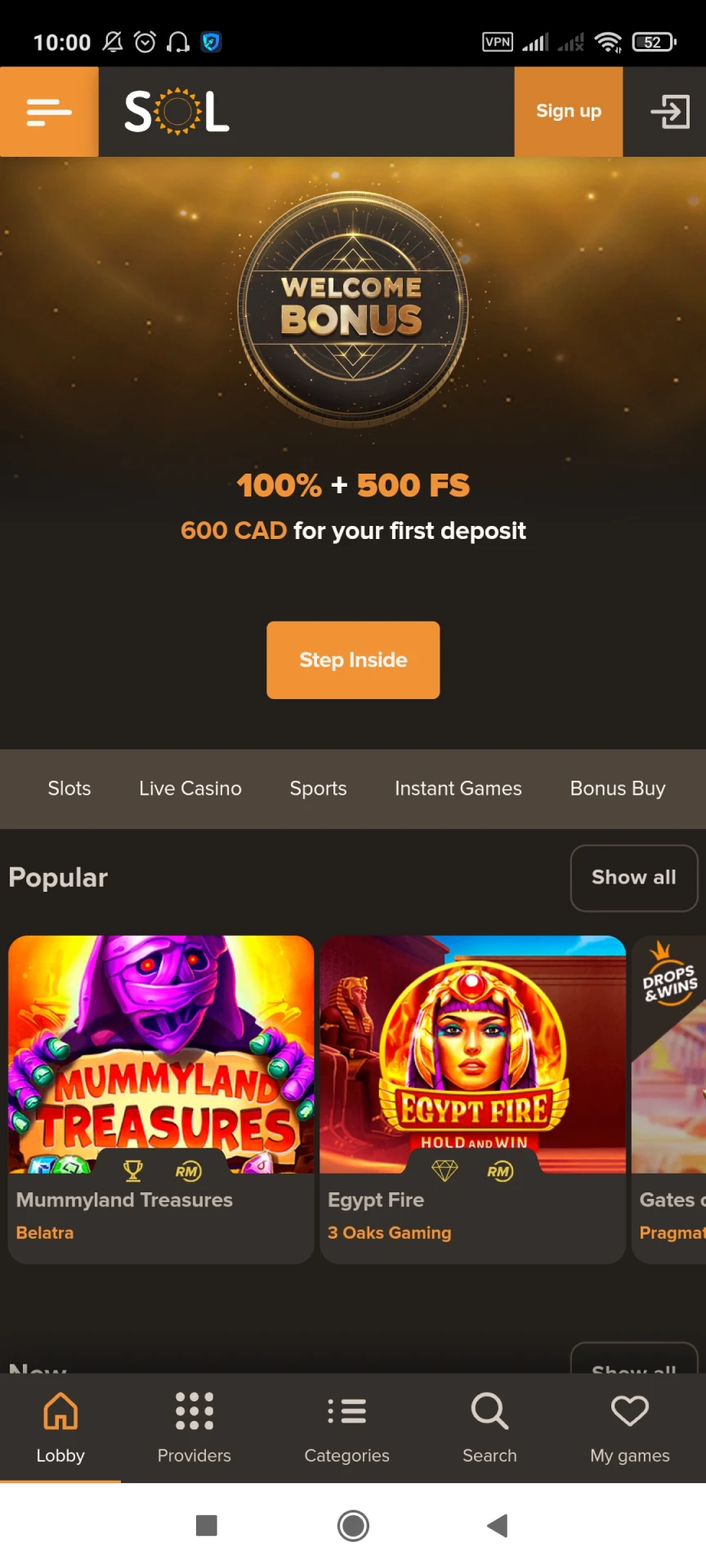 Visit the main page of the Sol Casino app.