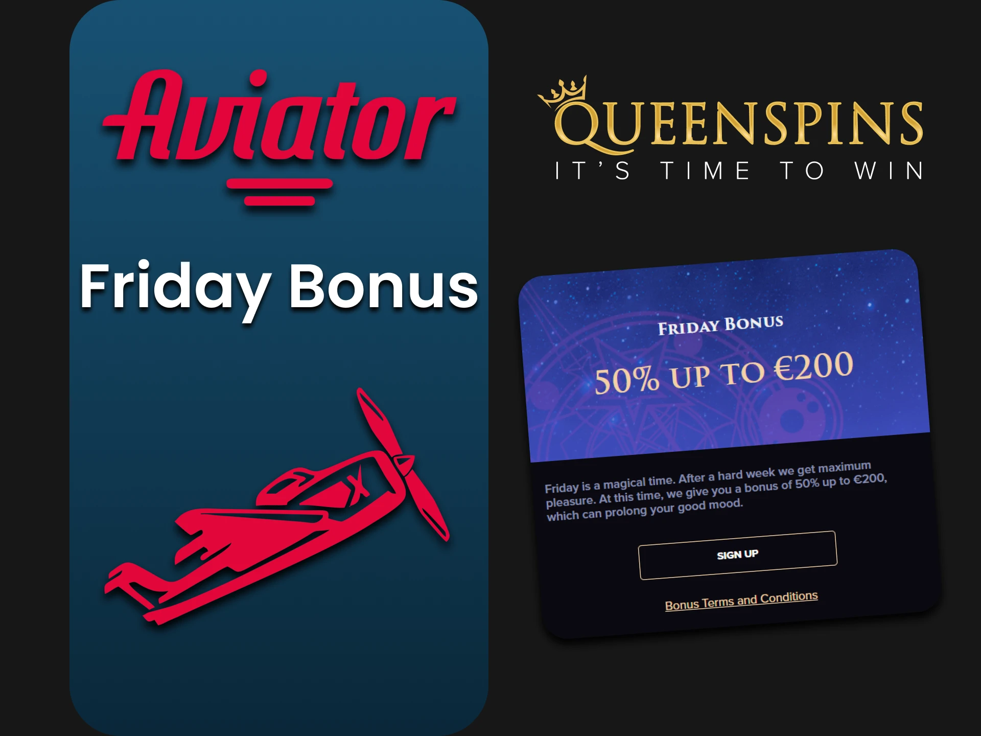 Queenspins gives bonuses to Aviator players on Fridays.