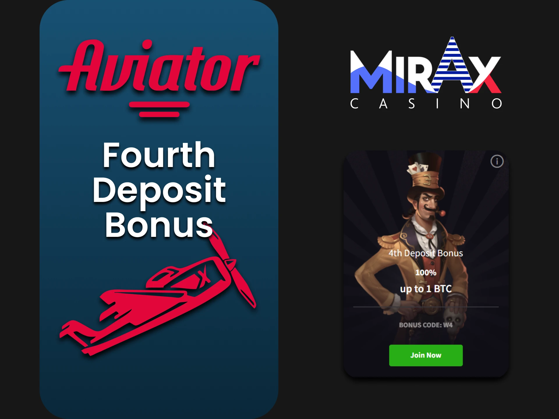 Make your fourth deposit on Mirax and receive the Aviator bonus.