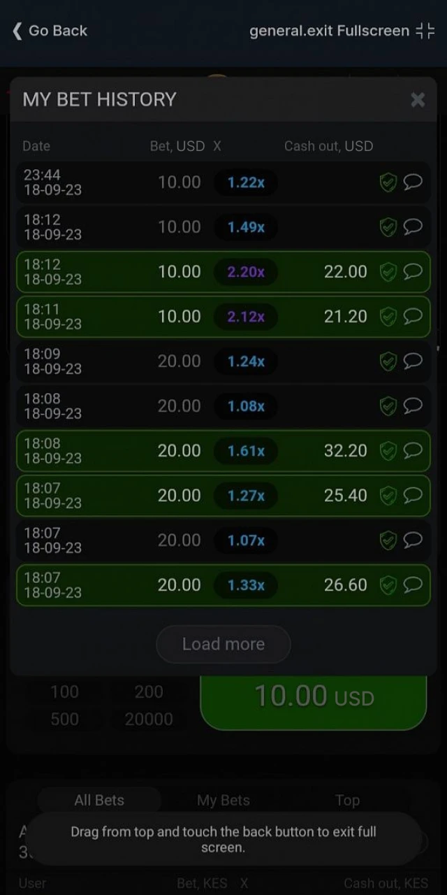 Personal betting history in the Aviator mobile app.