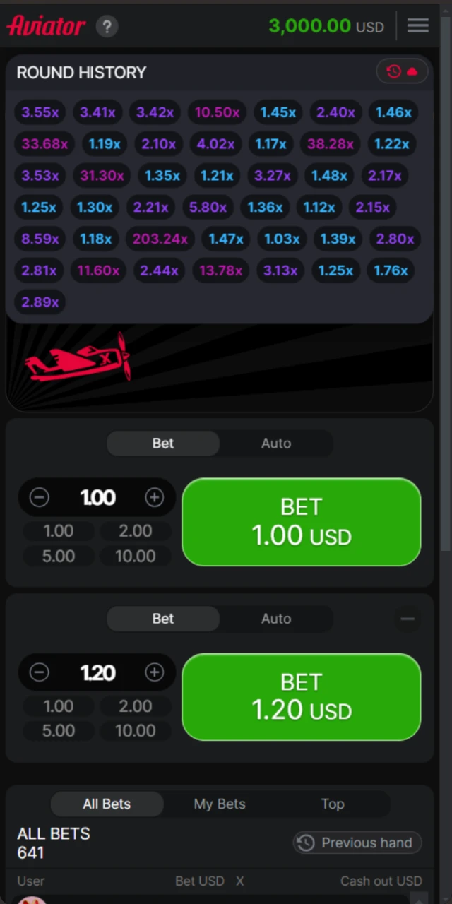 History of bets in the Aviator game.