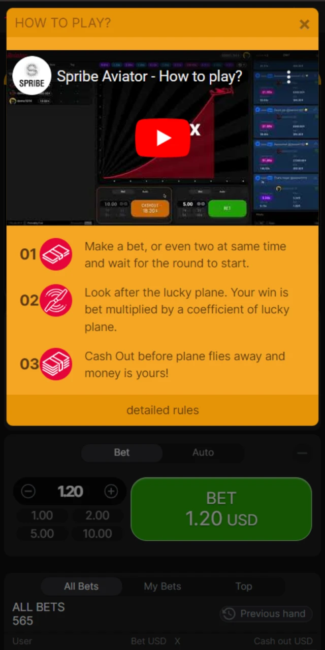 Rules of the Aviator game in the mobile app.