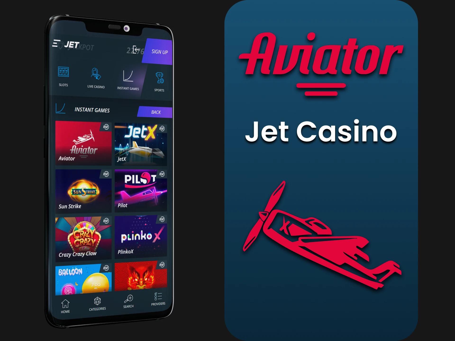 Jet Casino offers the Aviator crash game.