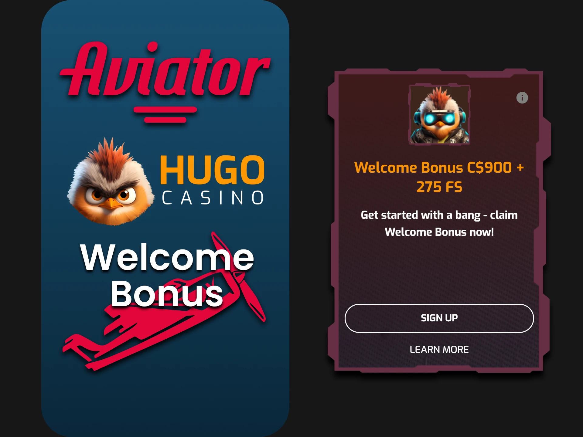 Claim your Hugo Casino welcome bonus and start playing Aviator.