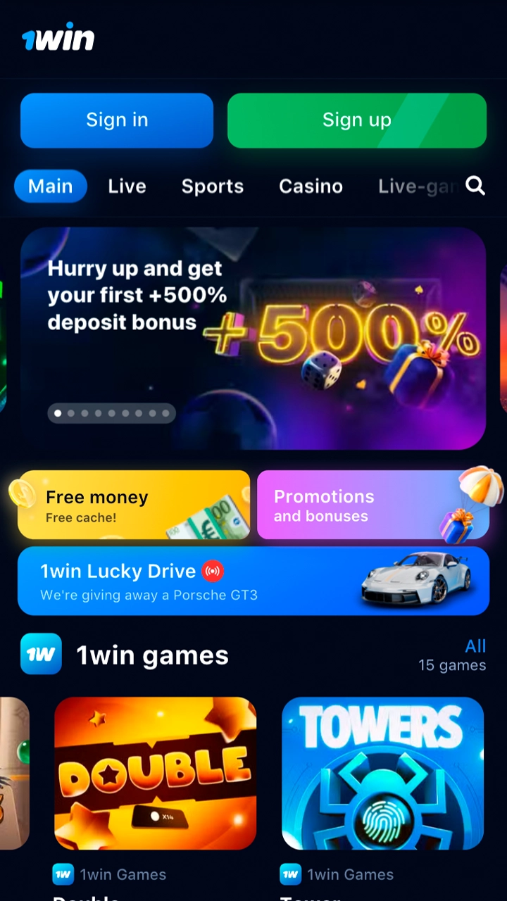 Home page of the 1Win app.